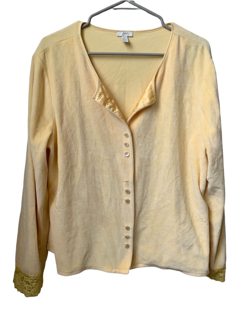 JJILL Women’s Butter Yellow Velvet Long Lace Sleeve Cardigan Sweater